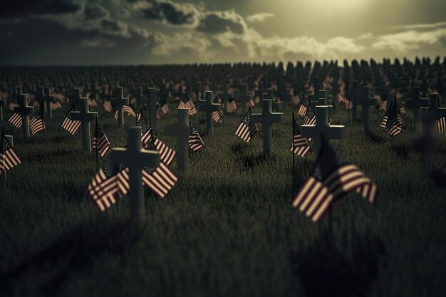 Un cementerio con banderas americanas