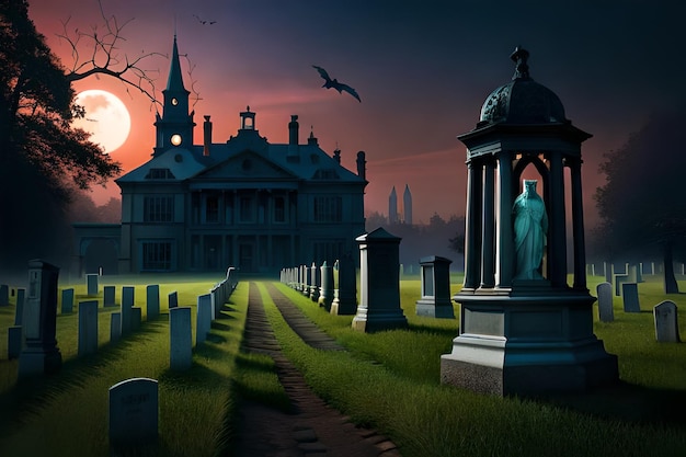 Un cementerio con un cementerio y una luna al fondo.