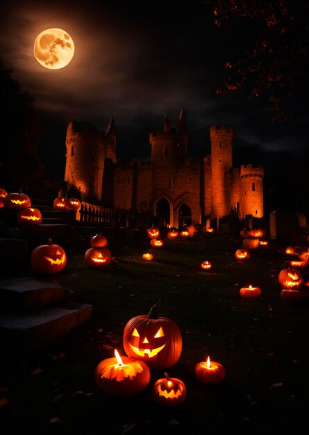 Cementerio del Crepúsculo con calabazas fantasmáticas en el castillo