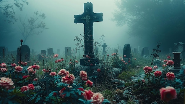 Un cementerio cubierto de niebla con flores marchitadas