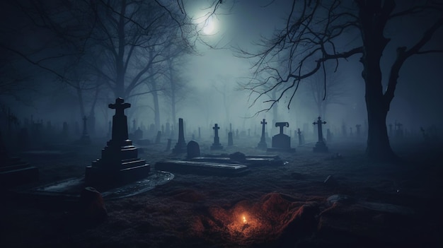 Cementerio cubierto de niebla en la noche con cielo oscuro Concepto de cementerio embrujado de Halloween IA generativa