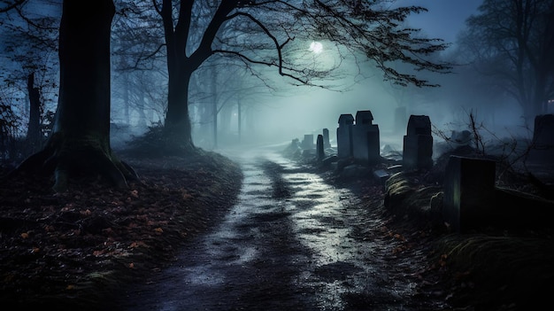 Cementerio cubierto de niebla en la noche con cielo oscuro Concepto de cementerio embrujado de Halloween IA generativa