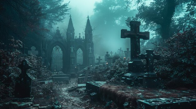 Un cementerio embrujado con apariciones fantasmales y criptas