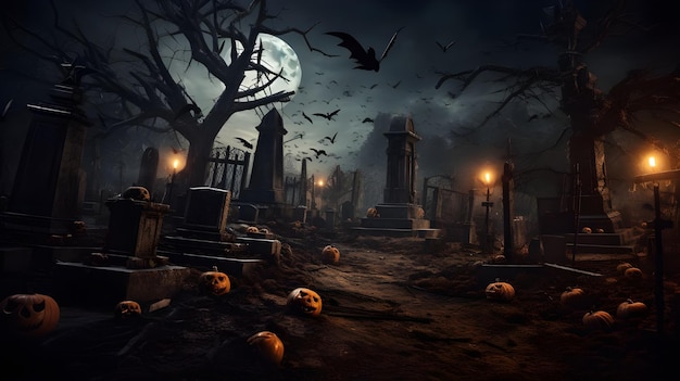 Foto cementerio embrujado con calabazas de halloween y cuervos