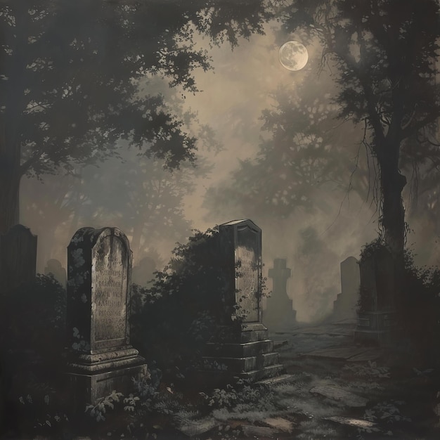 Cementerio embrujado con niebla bajo una luna llena Concepto de horror y gótico Diseño de carteles de películas de terror