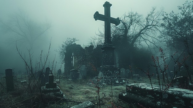 Foto un cementerio envuelto en la niebla con papel tapiz que se eleva hacia la cruz