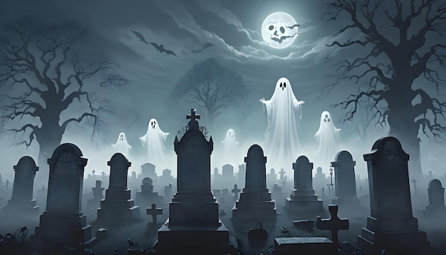 un cementerio espeluznante con fantasmas fantasmas en la parte superior