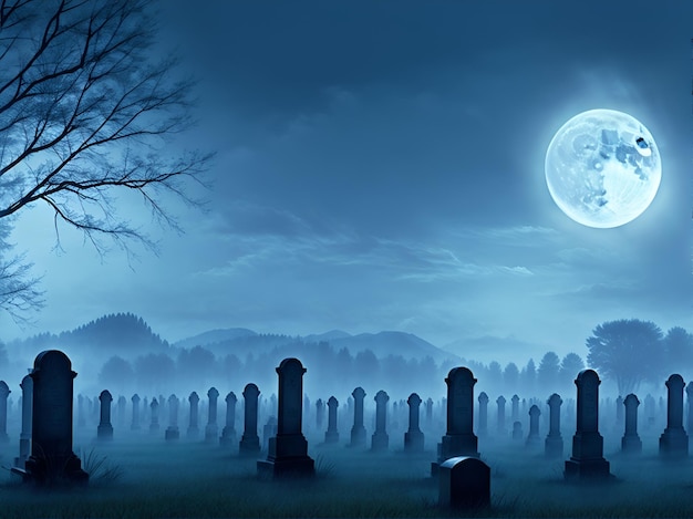 Un cementerio espeluznante iluminado por una luna llena con una niebla brumosa rodando