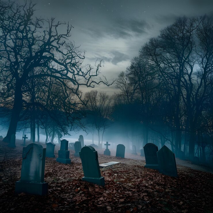 Un cementerio espeluznante con lápidas torcidas