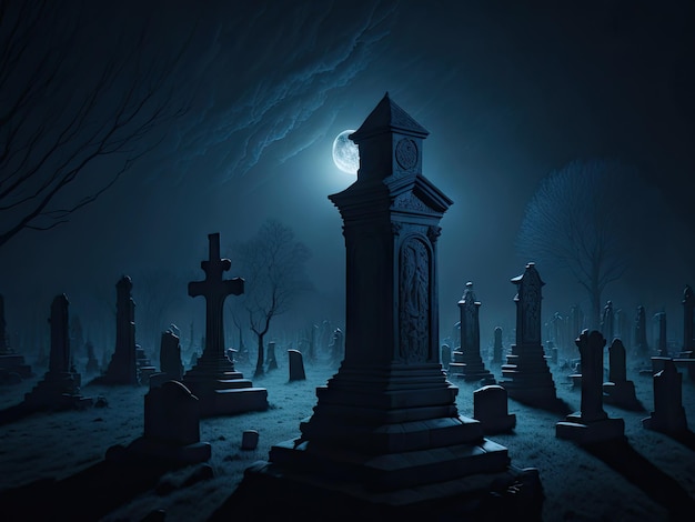 Cementerio espeluznante con luna ai generativo