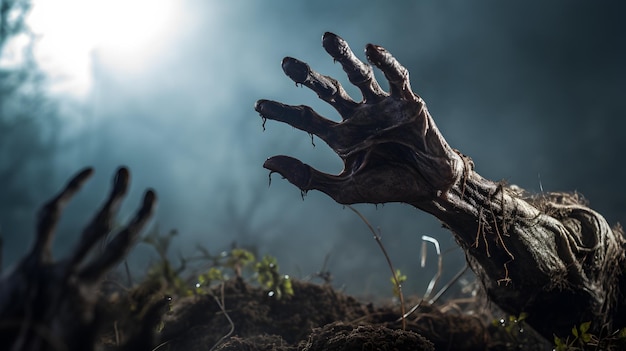 Foto cementerio espeluznante con mano zombie saliendo del suelo