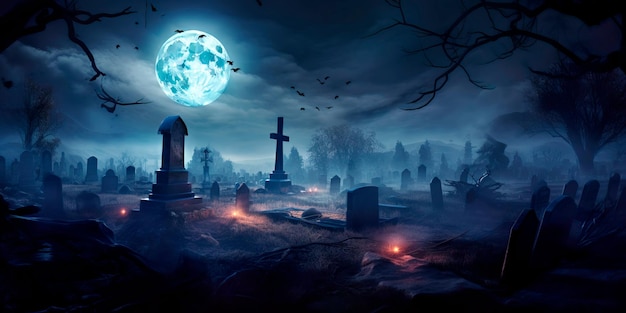 Un cementerio espeluznante a medianoche con lápidas, murciélagos y una luna llena que arroja un resplandor misterioso.