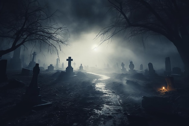 un cementerio espeluznante en la niebla