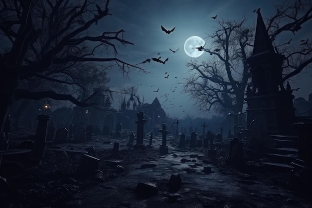 Un cementerio espeluznante por la noche con murciélagos volando en el cielo Perfecto para proyectos con temática de Halloween o fondos espelozadores