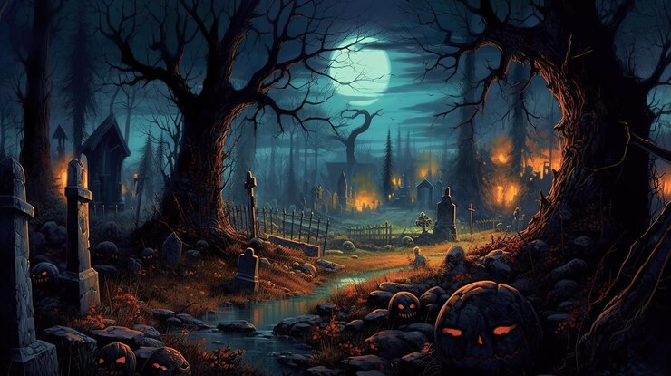 Cementerio espeluznante en la noche Tarjeta de Halloween Color brillante Generativo ai