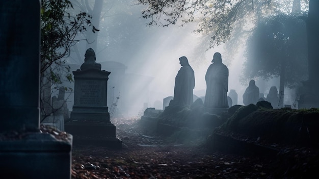 Un cementerio con un fondo de niebla y un cementerio con las palabras "el lado oscuro" a la izquierda.