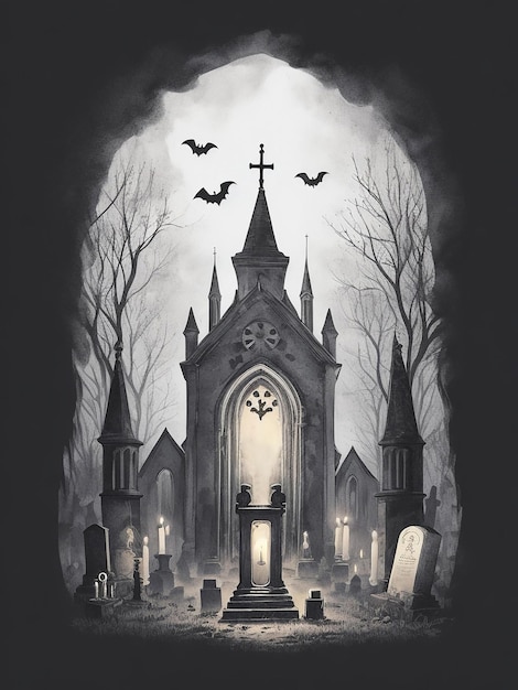 Cementerio de Halloween con antigua iglesia en la noche