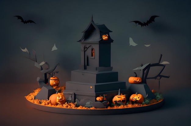 cementerio de Halloween en un podio estilo de arte de papel ai generado fondo