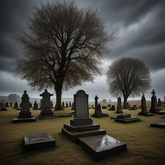 Foto un cementerio con un hidrante de fuego y un árbol en el fondo