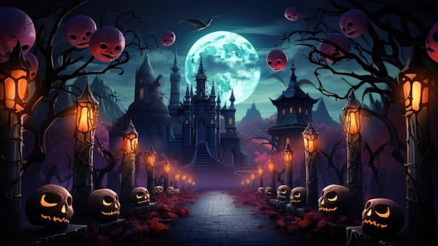 un cementerio iluminado por la luna adornado con linternas de calaveras de azúcar que brillan intensamente