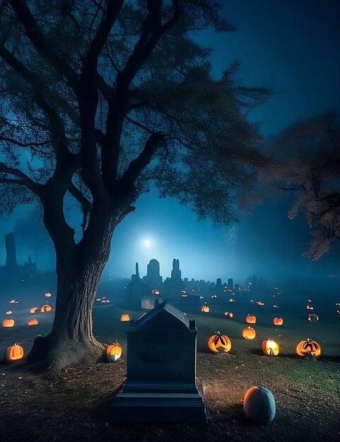 Foto un cementerio iluminado por la luna adornado