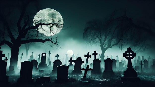 Cementerio iluminado por la luna con una atmósfera aterradora