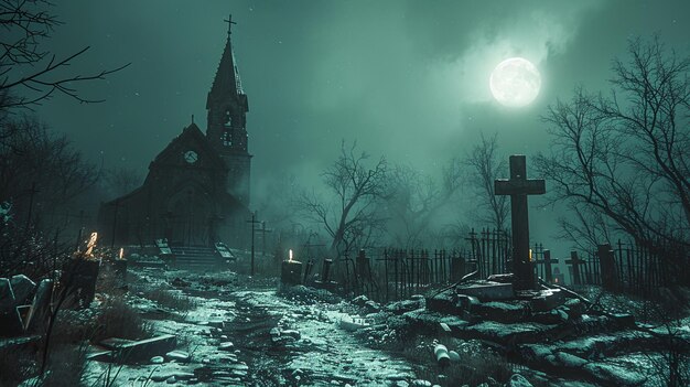 Foto un cementerio iluminado por la luna con filas de cruces bañadas en el fondo