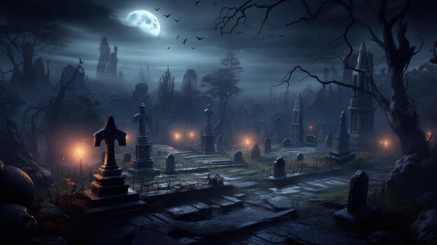 Cementerio iluminado por la luna con lápidas y una atmósfera brumosa