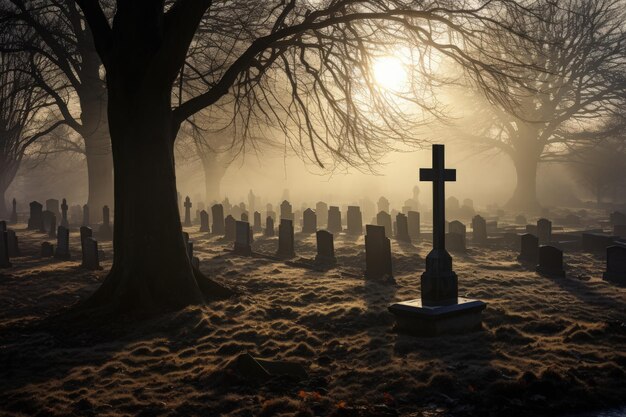 Cementerio inglés brumoso con cincuenta lápidas cruzadas cristianas y dos árboles de invierno