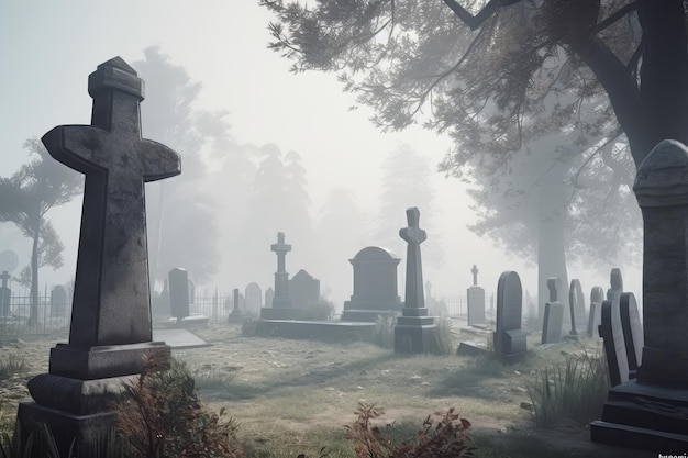 Cementerio con lápidas árbol muerto y niebla generada por la IA