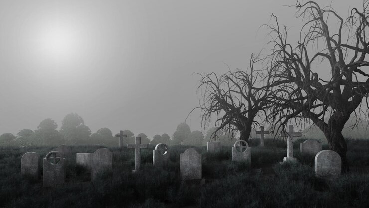 Cementerio con lápidas, árbol muerto y niebla.