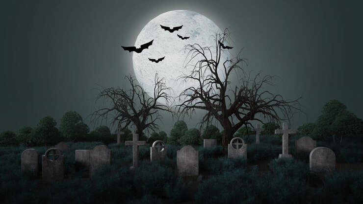 Cementerio con lápidas y luna llena.