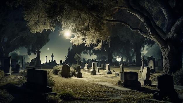 Un cementerio con una luna al fondo.