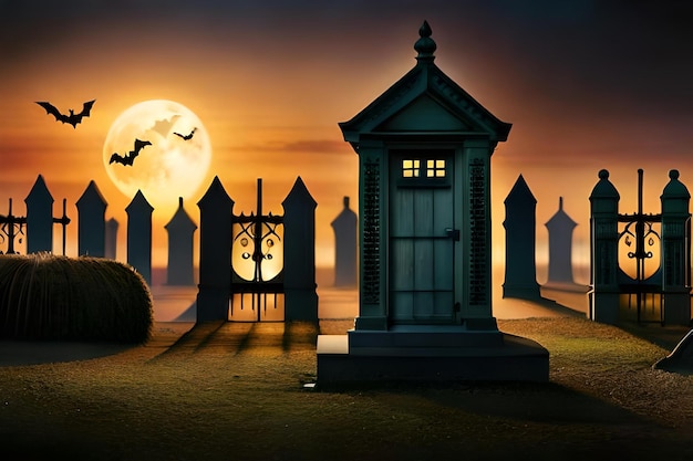 Un cementerio con una luna en el fondo