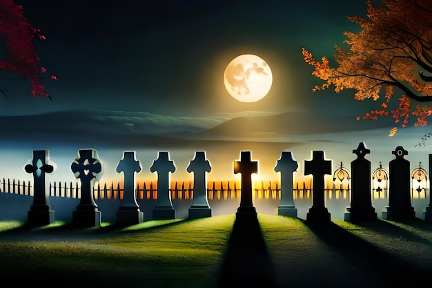 Un cementerio con luna llena al fondo