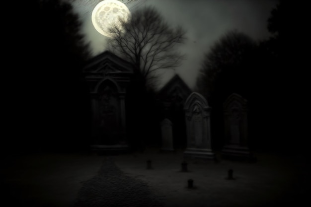 Un cementerio con luna llena al fondo