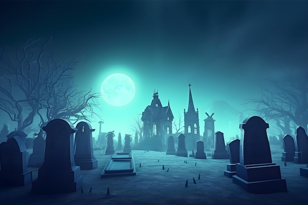 Un cementerio con una luna llena detrás