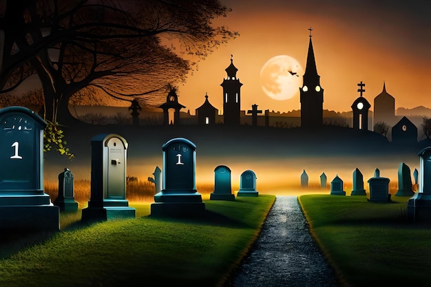 Un cementerio con luna llena de fondo