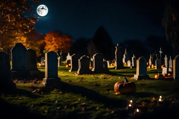 Foto un cementerio con una luna llena en el fondo.