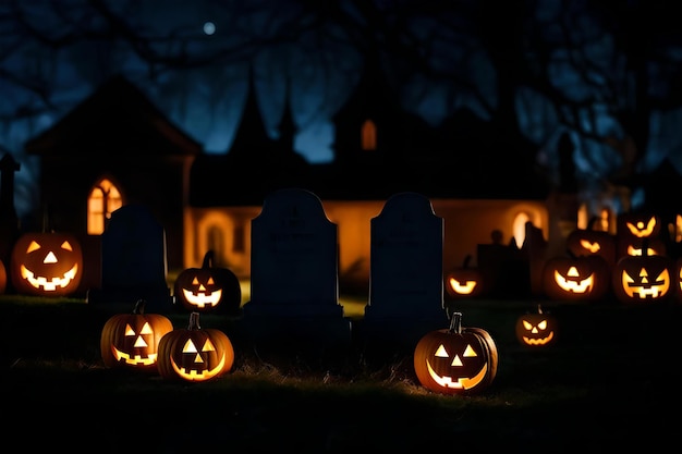 Un cementerio con un montón de calabazas en el frente.