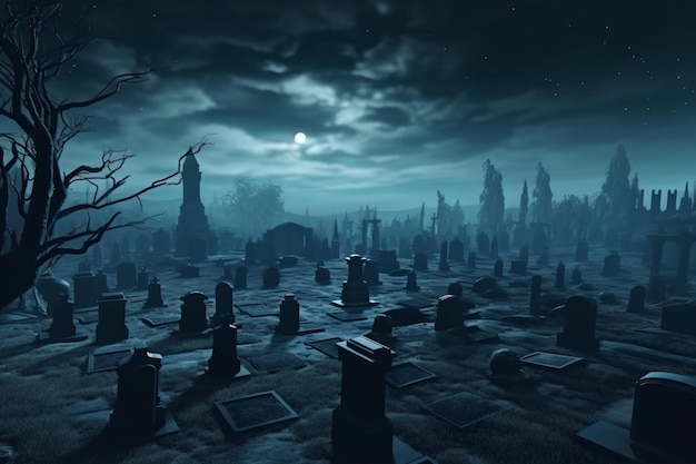 un cementerio con muchas lápidas y luna llena