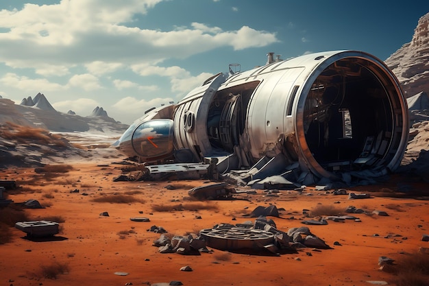 Foto un cementerio de naves espaciales en un planeta abandonado creado con ia