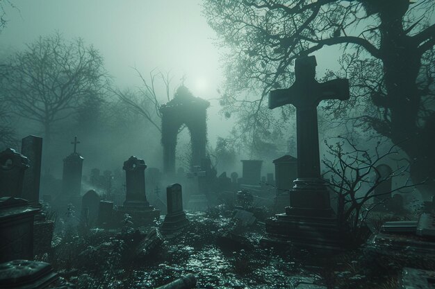 un cementerio en la niebla