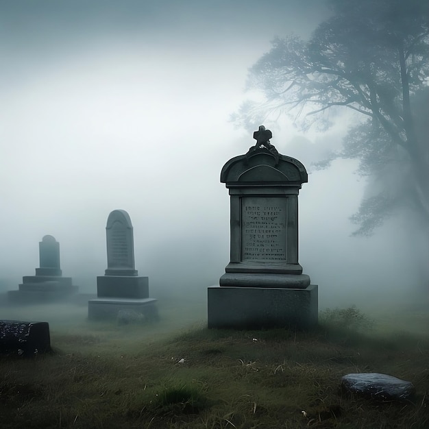 un cementerio con niebla