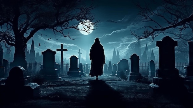 En un cementerio por la noche, un fantasma espeluznante AI generativa Fondo de Halloween