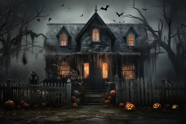 cementerio en la noche de Halloween con malvados murciélagos calabazas y en el fondo un castillo embrujado
