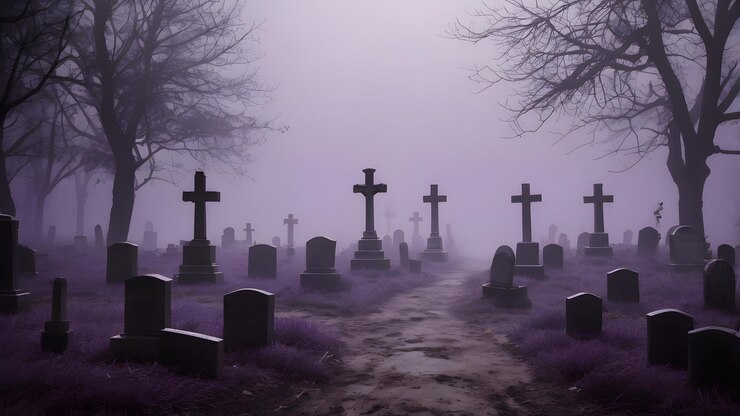 Cementerio oscuro con una gran cruz, numerosas lápidas y una atmósfera púrpura brumosa