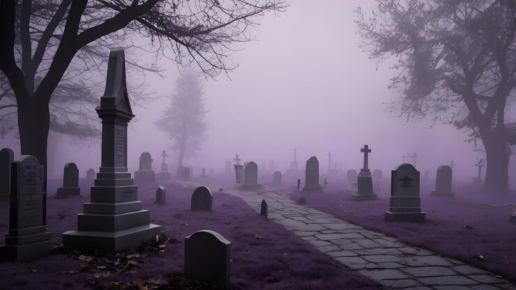 Cementerio oscuro con una gran cruz, numerosas lápidas y una atmósfera púrpura brumosa