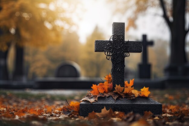 Cementerio de otoño con una cruz en una lápida