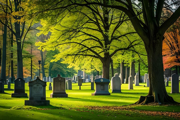 Cementerio con pastizales y árboles al fondo